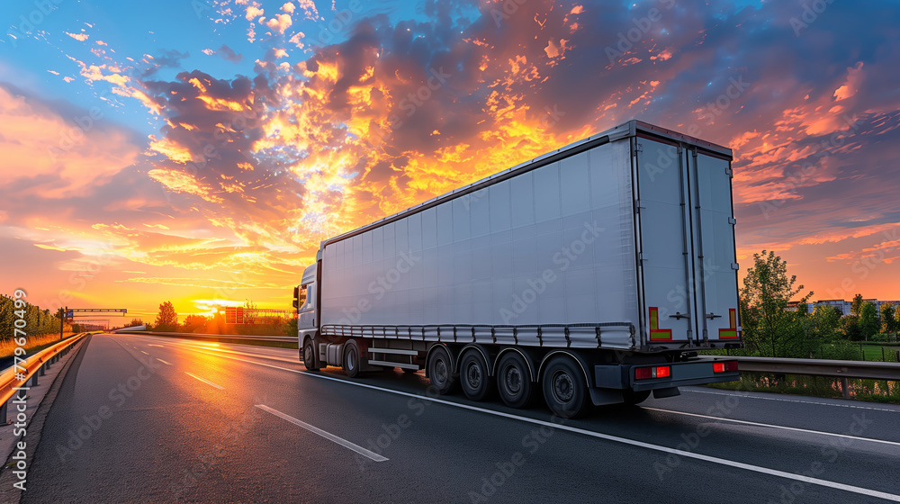 A white cargo truck on the highway during a vivid sunset, ideal for mockups with its blank side space, Generative AI. A white cargo truck on the highway during a vivid sunset, ideal for mockups with its blank side space, Generative AI.