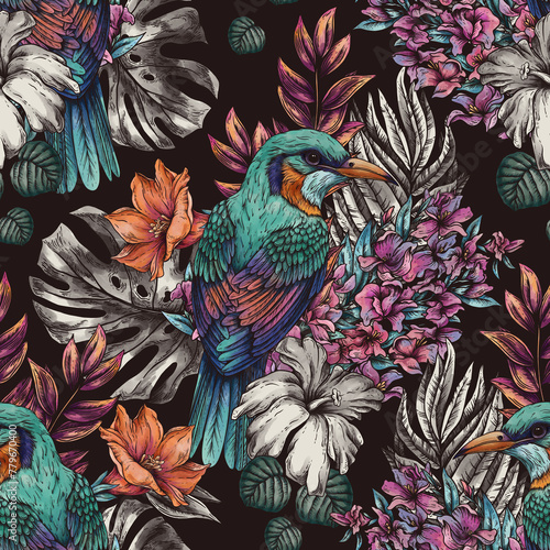 Vintage floral tropical bird seamless pattern, summer vivid flowers texture (ID: 779670400)