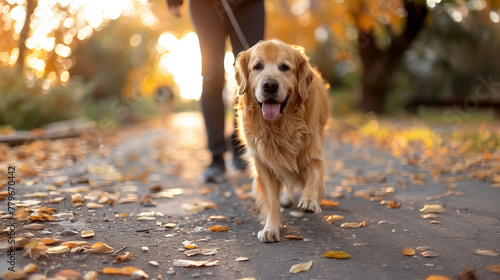 A golden retriever dog on a walk with its owner, amidst fallen autumn leaves, backlit by warm sunlight, conveying companionship. Generative AI