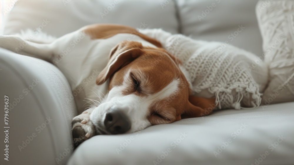 Obraz premium Serene Beagle Slumber: Peaceful Rest on a Soft White Sofa Generative AI