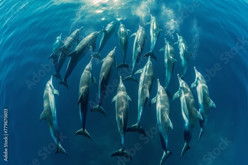 A group of dolphins gracefully swim together in the open ocean, creating a captivating display of their natural behavior, A school of dolphins swimming in formation, seen from above, AI Generated © Ifti Digital