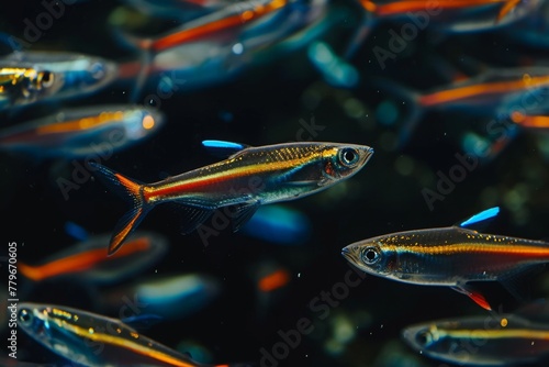 A diverse gathering of fish gliding through the water in a spacious aquarium, A school of neon tetra fish swimming in dark waters, AI Generated photo