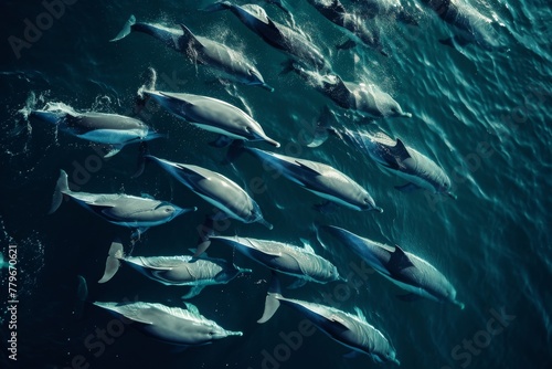 A Large Group of Dolphins Swimming in the Ocean, A school of dolphins swimming in formation, seen from above, AI Generated