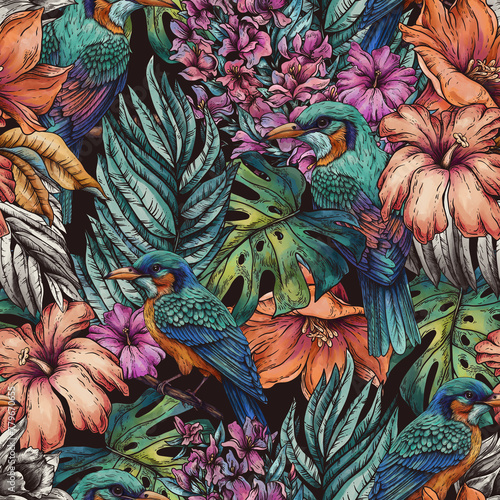 Vintage floral tropical bird seamless pattern, summer vivid flowers texture (ID: 779670655)