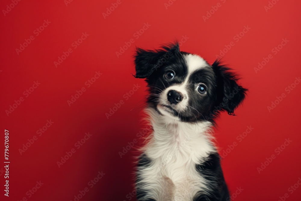 Fototapeta premium Curious Pup with Expressive Eyes Against a Bold Red Backdrop - Generative AI
