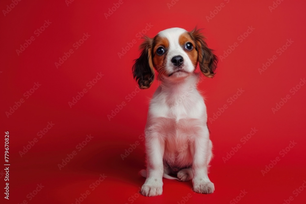 Fototapeta premium Curious Pup with Expressive Eyes Against a Bold Red Backdrop - Generative AI