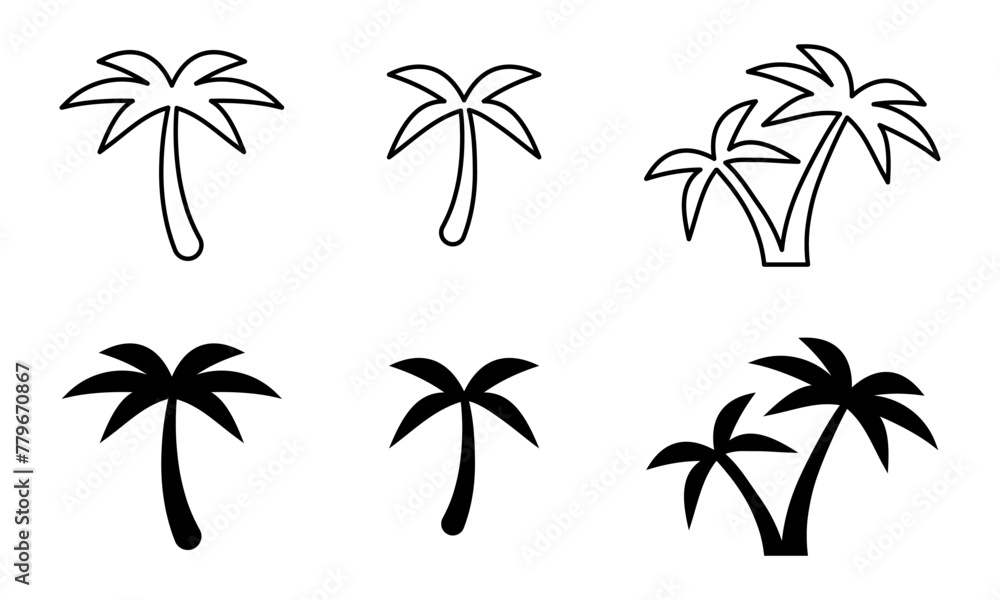 Palm tree silhouette icon set. Tropical leaf plant isolated illustration. Exotic black trunk.