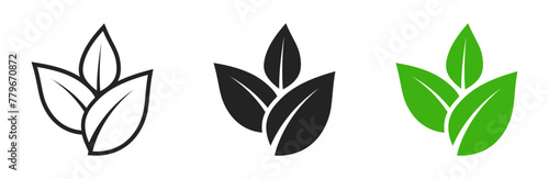 Three leaves icon. Leaf symbol. Nature organic isolated illustration. Vegetarian or vegan label. Green eco logo.