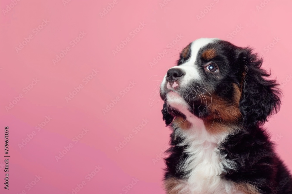 Curious Puppy Wonders in Pink, A Bernese Mountain Dog's Innocence - Generative AI