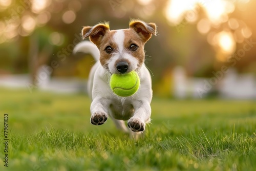 Joyful Jack Russell Terrier Fetching Ball in Mid-Air Sunshine - Generative AI