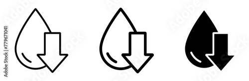Low water level icon. Reduce water usage logo. Droplet with arrow down symbol. Supply shortage illustration isolated.