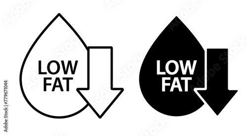Low fat icon. Trans fats free symbol. Droplet with arrow down sign. Low cholesterol sign. Healthy nourishment vector illustration isolated.