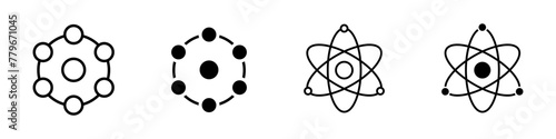 Atom icon set. Molecular particles vector sign. Nuclear orbit model symbol. Scientific microscopic chemistry element. Proton, neutron and electron icon set. Physics nucleus illustration isolated.