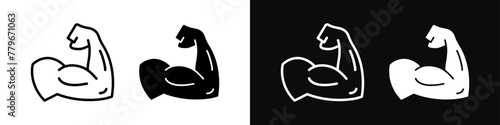 Muscle icon. Bicep symbol. Strong arm vector illustration. Gym logo. Bodybuilding fitness concept. Athlete flexing hand sign. Muscular power pictogram isolated on a white and black background.