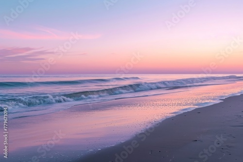 A powerful scene of waves crashing onto the sandy shore of a beach with intense force, A serene beach at dawn with pastel hues, AI Generated