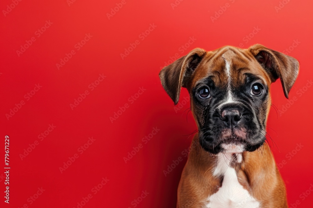 Curious Gaze: Young Boxer Puppy Against Vivid Red - Generative AI