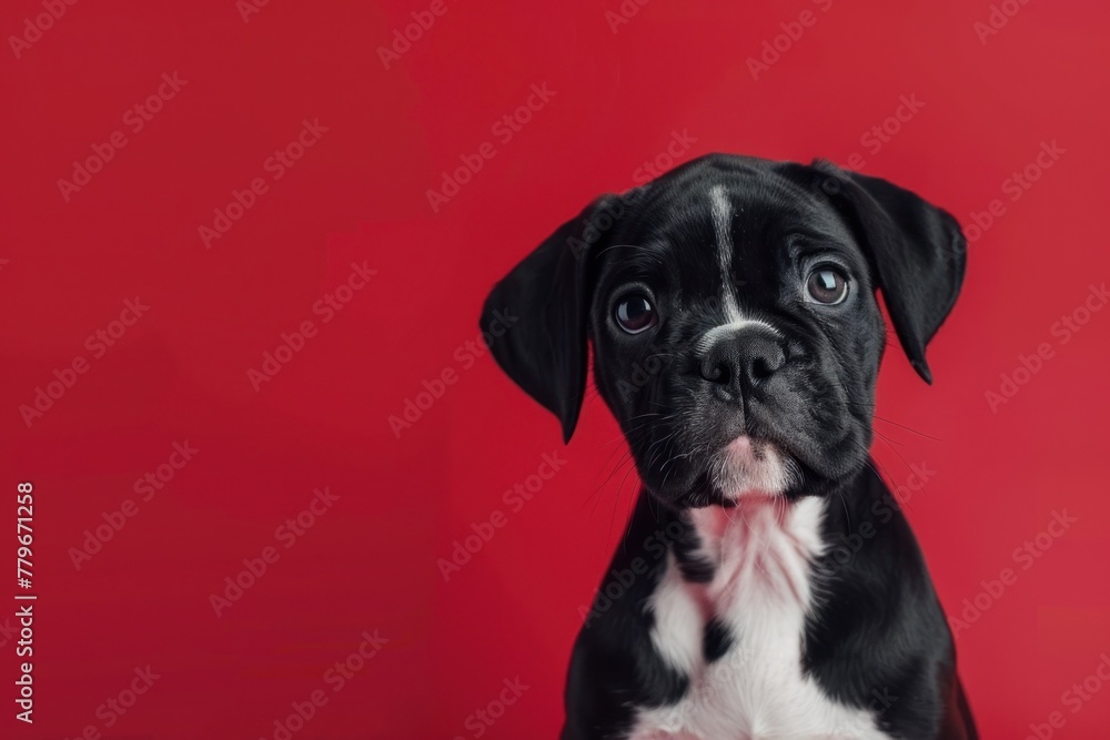 Curious Gaze: Young Boxer Puppy Against Vivid Red - Generative AI Curious Gaze: Young Boxer Puppy Against Vivid Red - Generative AI