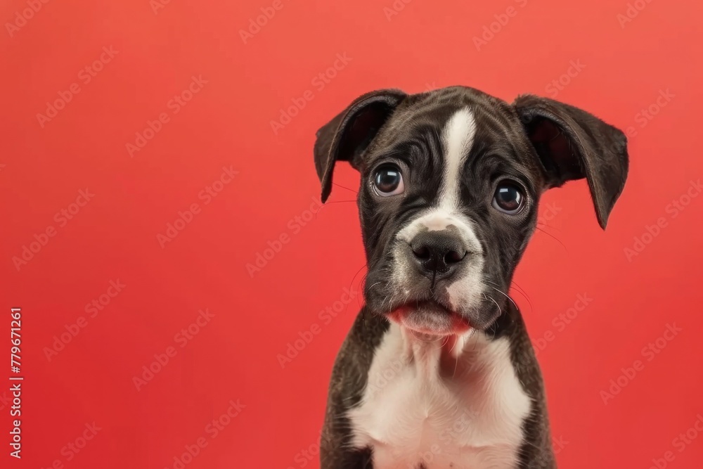 Curious Gaze: Young Boxer Puppy Against Vivid Red - Generative AI Curious Gaze: Young Boxer Puppy Against Vivid Red - Generative AI