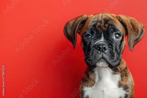 Curious Gaze: Young Boxer Puppy Against Vivid Red - Generative AI © Gelpi