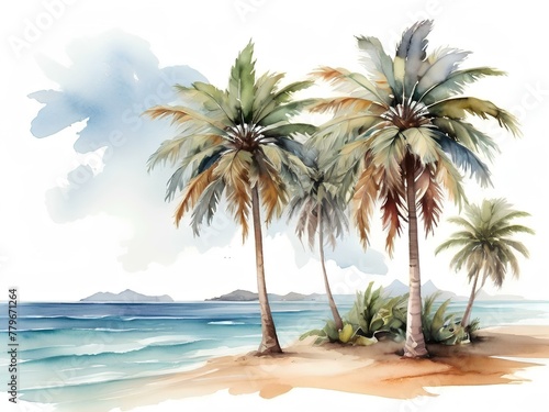 Tropical Tranquility: Watercolor Palm Trees on Beach with Ocean Background    © Fantasy24