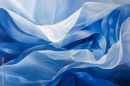 Blue and white waves of paper, textile folds of satin. 3D Concept design for backgrounds, wallpapers and textures.