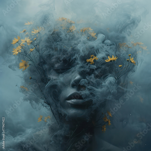 Surreal portrait of woman enveloped in smoke and flowers. Generative AI image photo