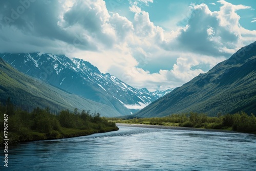 A river gracefully cuts through a vibrant and flourishing valley, surrounded by lush greenery, A serene mountain valley with a flowing river, AI Generated