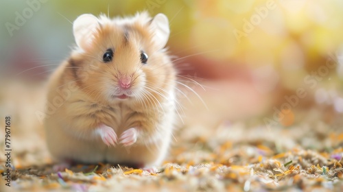 Craft an endearing image of a hamster sitting, capturing its adorable and small stature. 