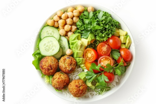 Top view of a meatless buddha bowl featuring cucumber avocado falafel tomato and chickpeas on white background
