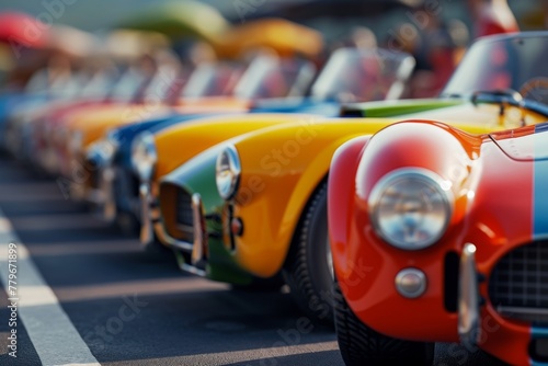 A vibrant lineup of sports cars in various colors, aligned neatly in a row, A set of sports cars lined up at the start line, ready for the race to begin, AI Generated photo