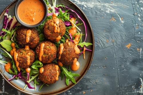 Top view of vegetarian falafel balls on a plate with sauce photo