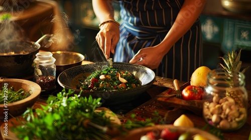 A chef carefully seasons a vegetarian stir-fry, surrounded by an array of fresh produce and spices in a rustic kitchen setting. Chef Preparing Vegetarian Stir Fry in Rustic Kitchen