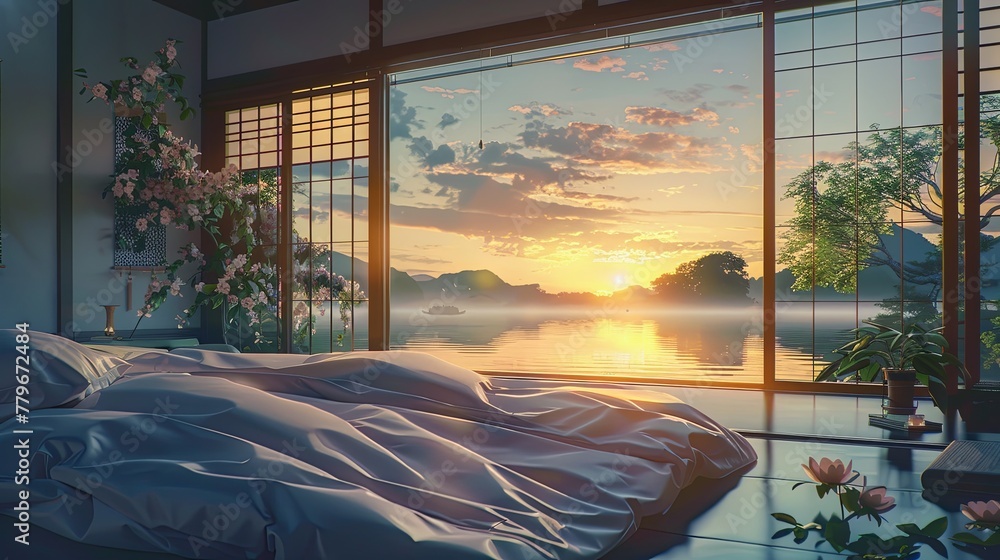 A Japanese bedroom with floor-to-ceiling windows offering a serene sunrise scene over a misty lake, surrounded by blossoms. Sunrise Serenity in Japanese Bedroom Overlooking Lake lofi anime cartoon

