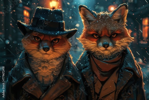 A detective duo of a wise owl and a cunning fox solving mysteries in a noir-inspired city