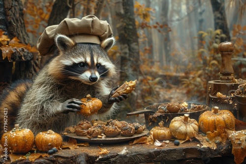 A gourmet chef raccoon preparing a feast in a secret forest kitchen, ideal for a unique culinary brand.