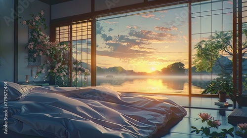 A Japanese bedroom with floor-to-ceiling windows offering a serene sunrise scene over a misty lake, surrounded by blossoms. Sunrise Serenity in Japanese Bedroom Overlooking Lake lofi anime cartoon