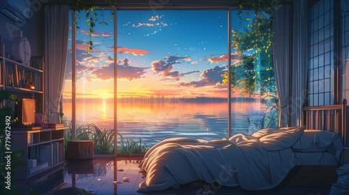The stunning view from a bedroom window at sunset  with the tranquil lake reflecting the colorful sky  creates a perfect backdrop for relaxation. Lakeside Bedroom View at Sunset lofi anime cartoon 