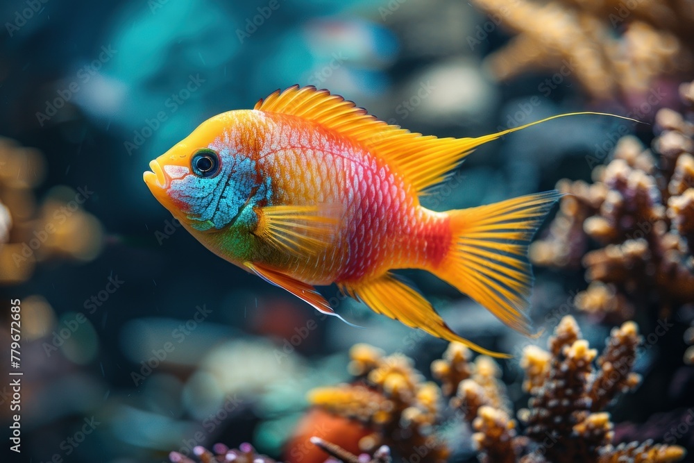 Fototapeta premium Aquarium fish swimming gracefully among coral, for a calming and beautiful aquarium supplies ad.