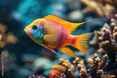Aquarium fish swimming gracefully among coral, for a calming and beautiful aquarium supplies ad. © yuliachupina