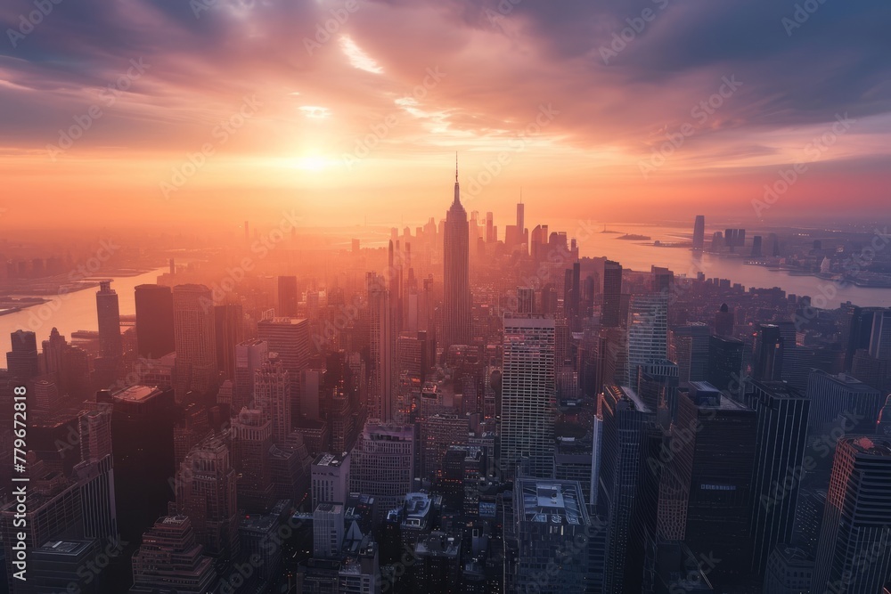 Aerial View of a City at Sunset, A skyline of New York City during sunset from an aerial perspective, AI Generated