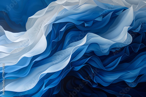 Blue and white waves of paper, textile folds of satin. 3D Concept design for backgrounds, wallpapers and textures.