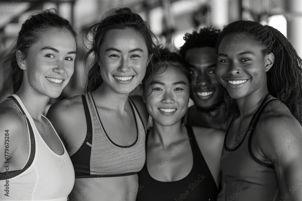Group of young women in sports gear posing for the camera in black and white photo