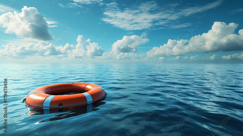 Orange life preserver floating in ocean on sunny day with clouds in background, providing safety and security in open water