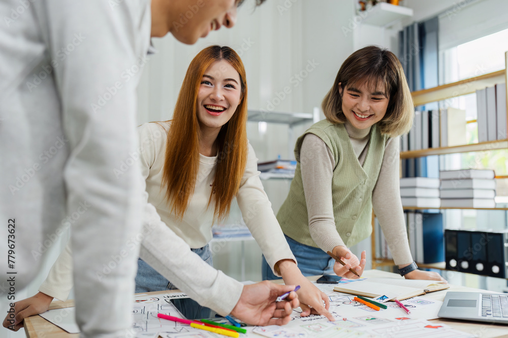 UI designer and UX developer brainstorm idea to design the application interface. Creative digital development agency. UX UI concept UI designer and UX developer brainstorm idea to design the application interface. Creative digital development agency. UX UI concept