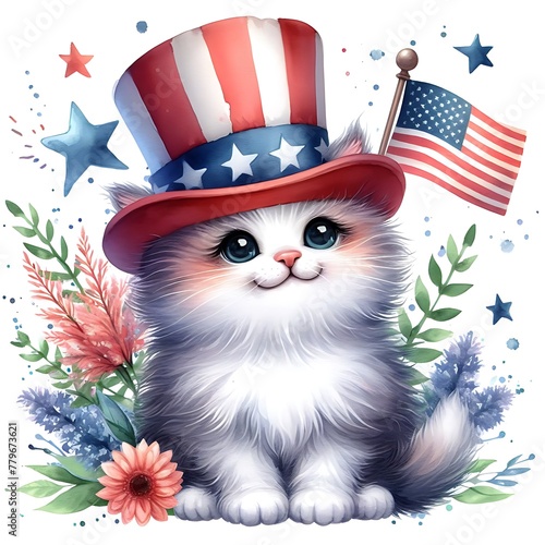 4th of July Cute Cat Watercolor Clipart Illustration, Patriotic Cat, Cat with Uncle Sam Hat, American Cat