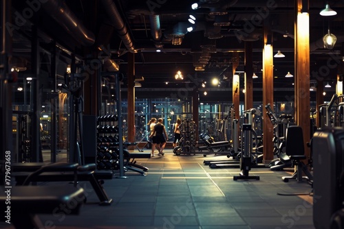 A crowded gym filled with people actively using various exercise machines, A snapshot of life inside a bustling, urban 24/7 gym, AI Generated photo