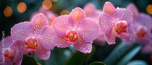 a many pink flowers with water droplets on them