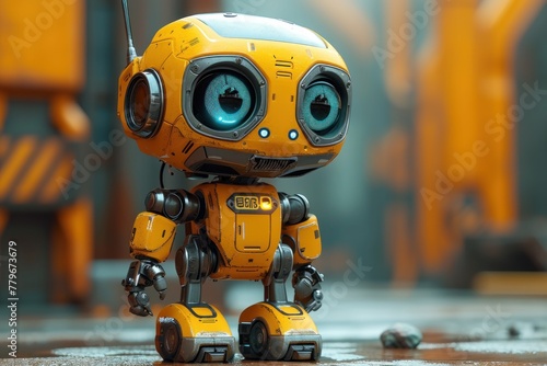 Yellow robot with big eyes standing on ground