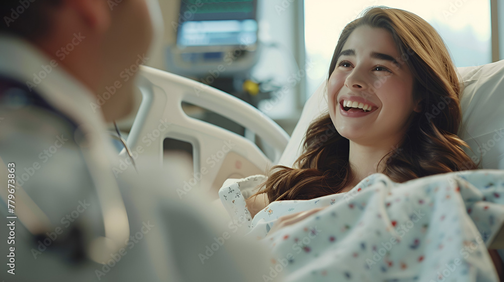 Photograph of beautiful girl in a high class hospital bed. Doctor talking to patient giving good news. Patient Laughing. Celebrating. Happy Photograph of beautiful girl in a high class hospital bed. Doctor talking to patient giving good news. Patient Laughing. Celebrating. Happy