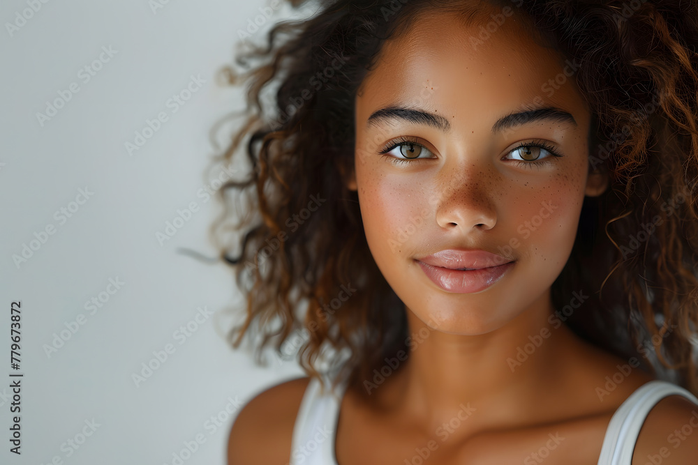Close up portrait of young beautiful Haitian Dominican woman isolated on a white background Close up portrait of young beautiful Haitian Dominican woman isolated on a white background